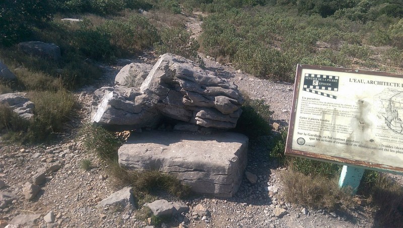 Un bloc de pierre extrait du chemin pour l'attention du promeneur