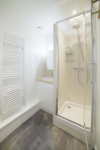 Salle d'eau avec douche, miroir, sèche-serviette, lave-linge et sèche-linge