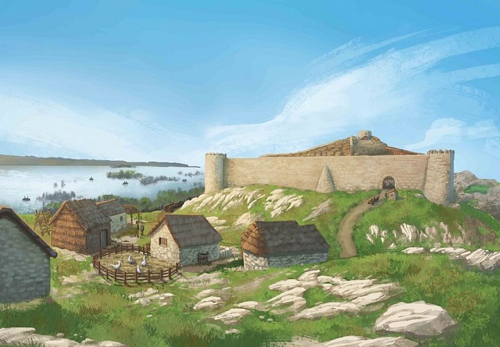 Vue d'artiste restituant le site fortifié et les faubourgs médiévaux de Castillon