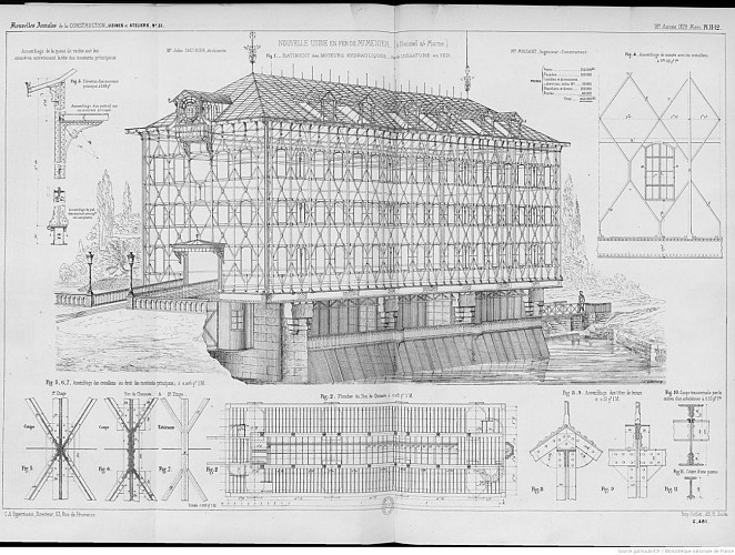Le Moulin Saulnier vu de l'amont - source : Nouvelles annales de la construction 1872 pl. 11-12