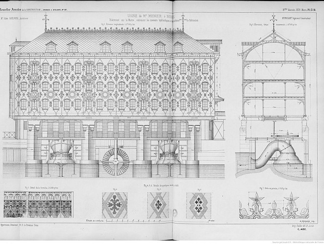Le Moulin Saulnier vu de l'aval - source : Nouvelles annales de la construction 1872 pl. 13-14