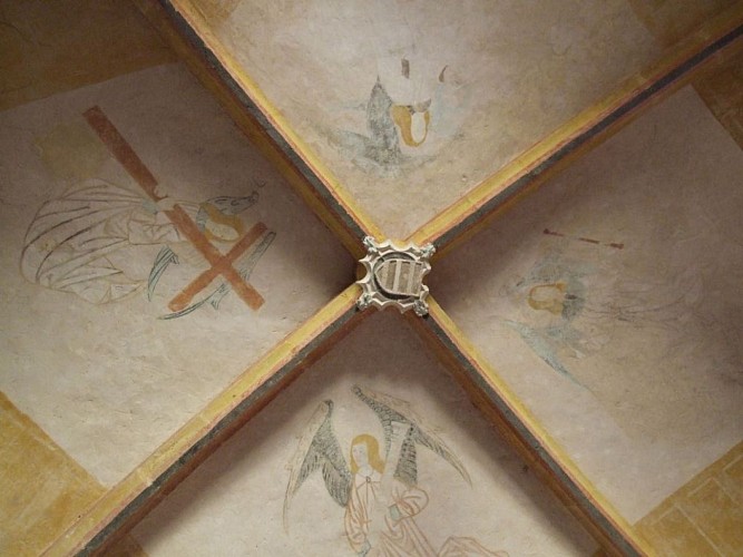 Peintures murales voute et écusson, chapelle N, église Saint-Vincent de Xainthes, Belhade (3)