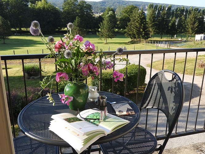 Vue depuis le balcon sur l étang et les monts de Gy au loin ainsi que le poulailler à droite_5