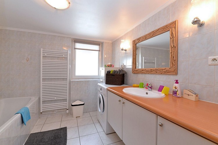 salle de bain lumineuse avec bain et douche