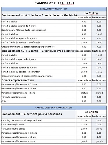 Tarifs Chillou 2026