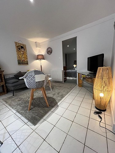 salon avec canapé-lit (110cm), télévision, jeux de société