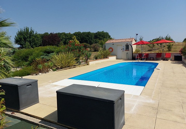 2 parasols zwembad  en poolhouse