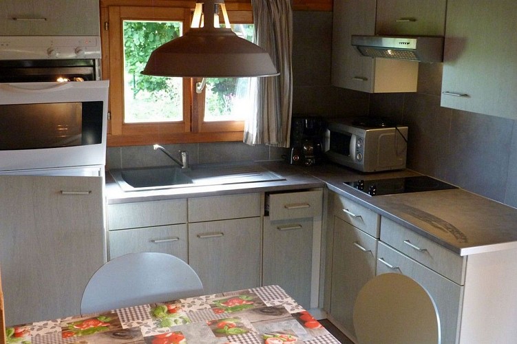 cuisine qui ouvre sur une belle terrasse couverte , vue dégagée sur le parc