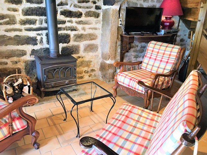 Séjour salon avec poêle à bois, TV écran plat