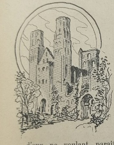 Abbaye de Jumièges, illustration de Lucien Métivet parue dans Voici des ailes, 1898