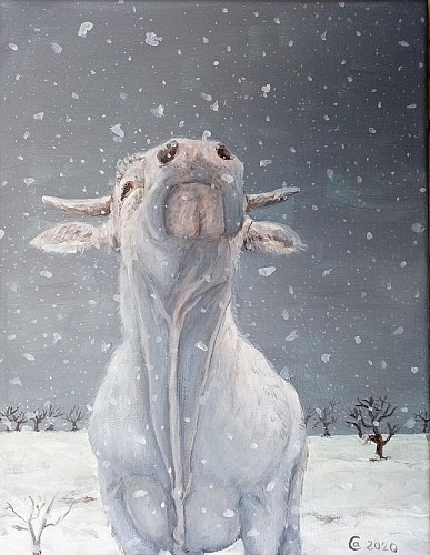 Peinture "Charolais dans la neige"