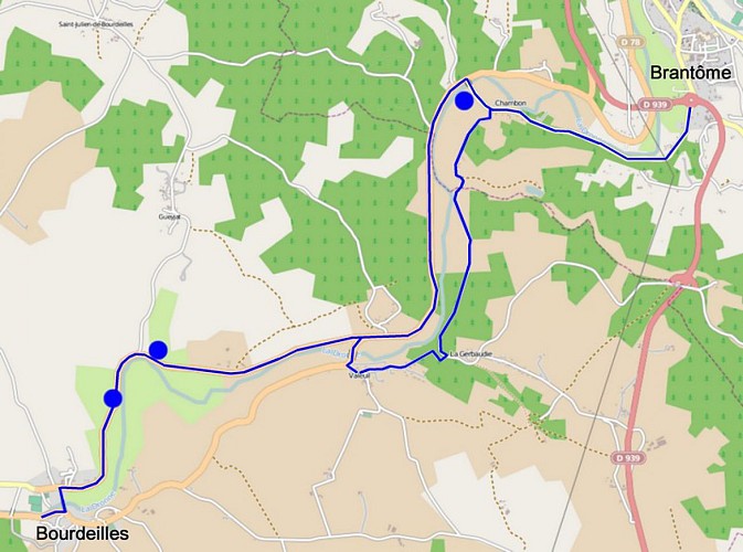 Itinéraire possible et points d'observation entre Bourdeilles et Brantôme