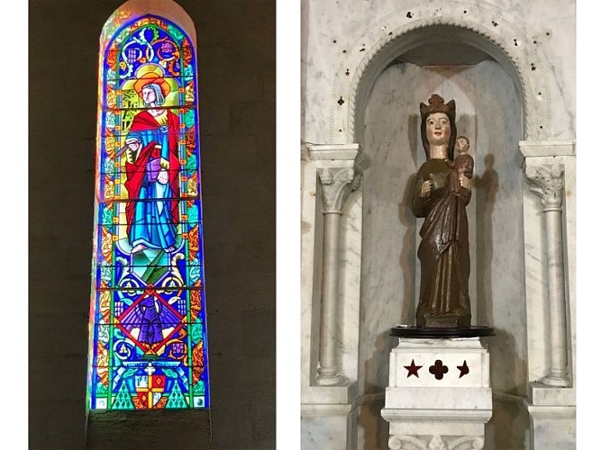 Vitraux et statue vierge
